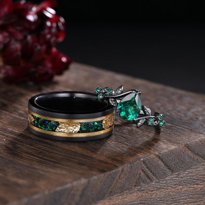 Unique Pear Emerald Couple Rings Gothic Black Gold His&Her Emerald Matching Wedding Band Men's Tungsten Ring Leaf Design Engagement Ring - anerjuly
