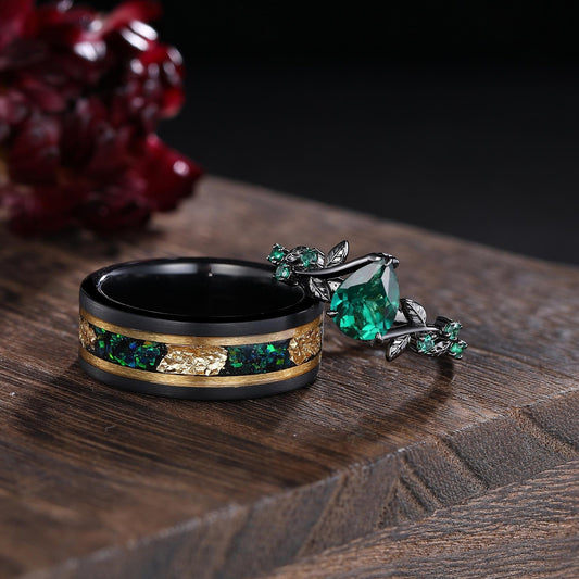 Unique Pear Emerald Couple Rings Gothic Black Gold His&Her Emerald Matching Wedding Band Men's Tungsten Ring Leaf Design Engagement Ring - anerjuly
