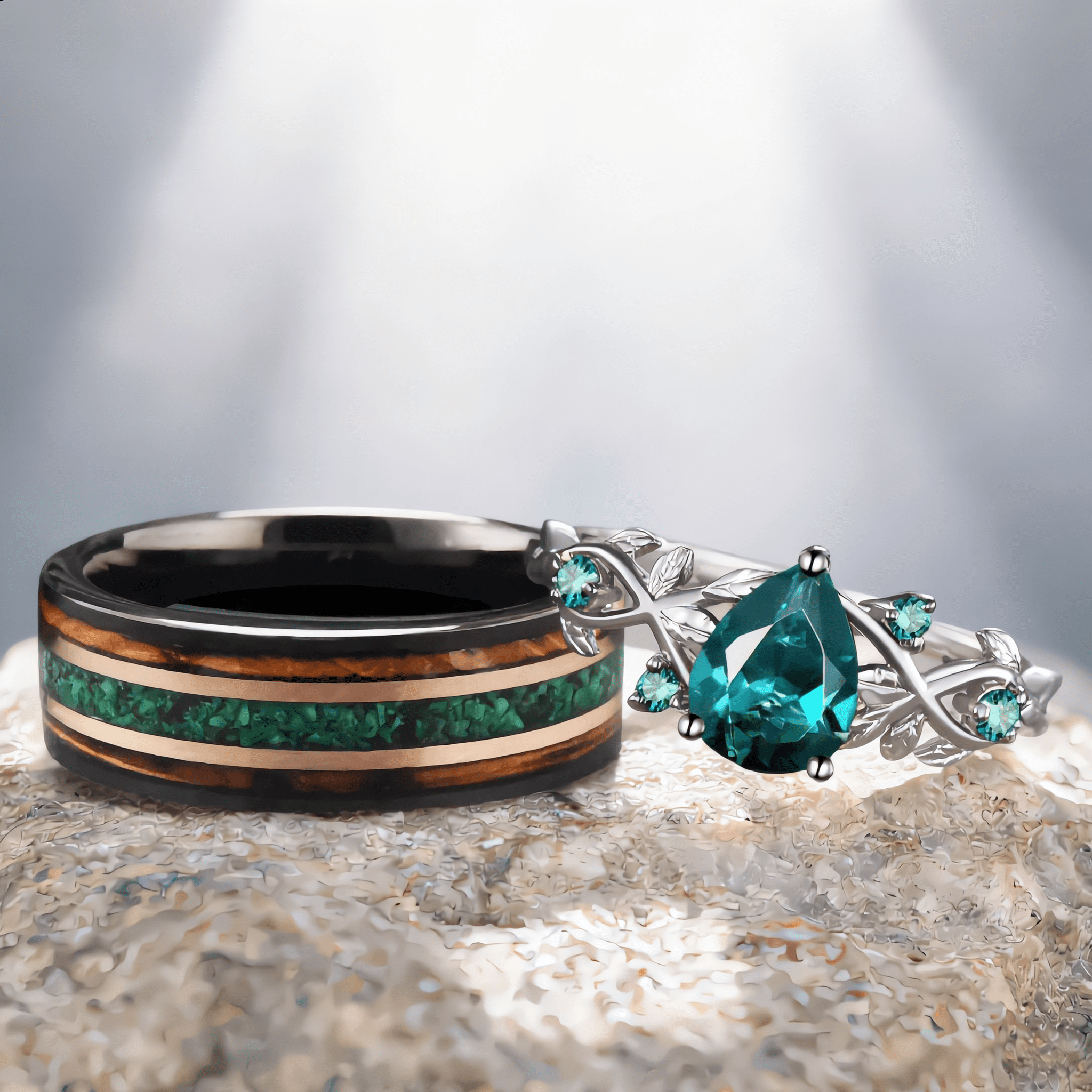 Unique Pear Emerald Couple Rings Gothic Black Gold His&Her Emerald Matching Wedding Band Men's Tungsten Ring Leaf Design Engagement Ring - anerjuly