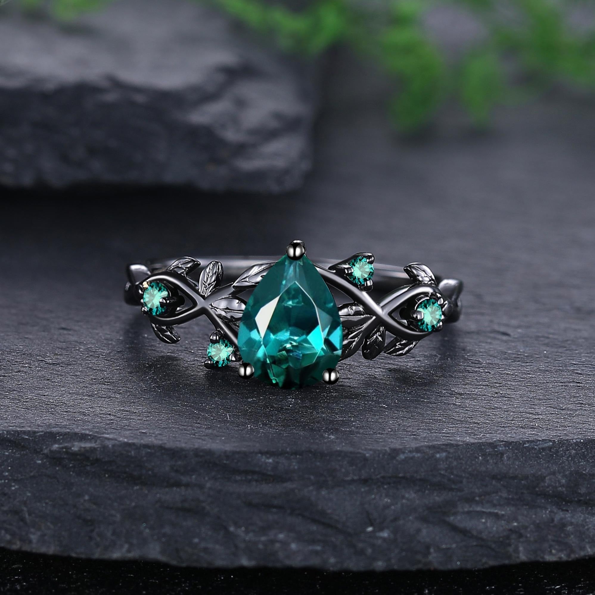 Unique Pear Emerald Couple Rings Gothic Black Gold His&Her Emerald Matching Wedding Band Men's Tungsten Ring Leaf Design Engagement Ring - anerjuly