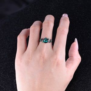 Unique Pear Emerald Couple Rings Gothic Black Gold His&Her Emerald Matching Wedding Band Men's Tungsten Ring Leaf Design Engagement Ring - anerjuly