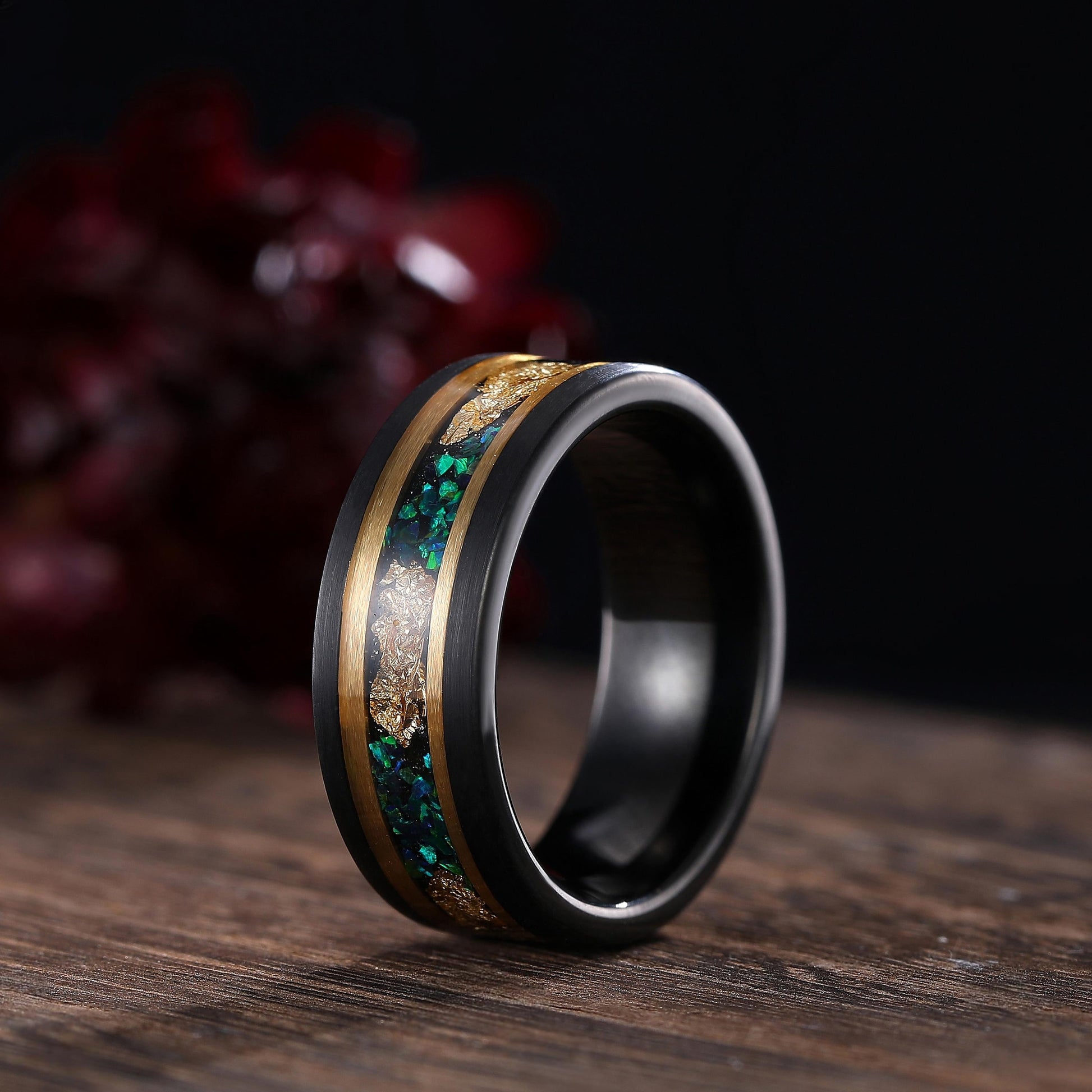 Unique Pear Emerald Couple Rings Gothic Black Gold His&Her Emerald Matching Wedding Band Men's Tungsten Ring Leaf Design Engagement Ring - anerjuly