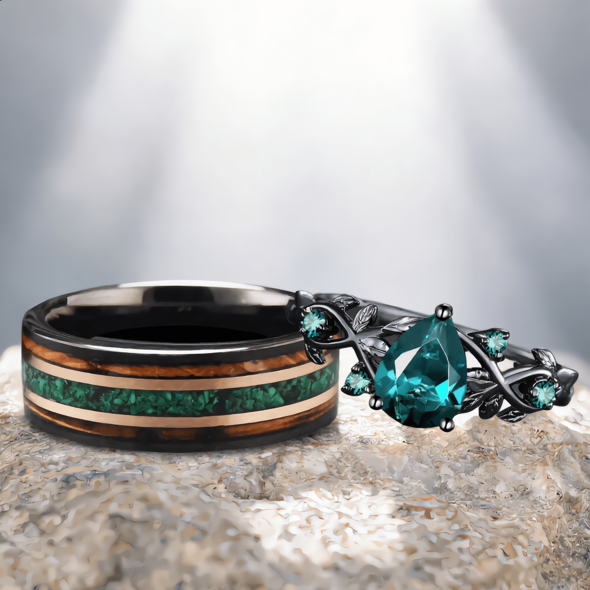 Unique Pear Emerald Couple Rings Gothic Black Gold His&Her Emerald Matching Wedding Band Men's Tungsten Ring Leaf Design Engagement Ring - anerjuly