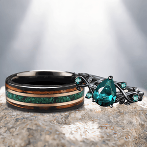 Unique Pear Emerald Couple Rings Gothic Black Gold His&Her Emerald Matching Wedding Band Men's Tungsten Ring Leaf Design Engagement Ring - anerjuly