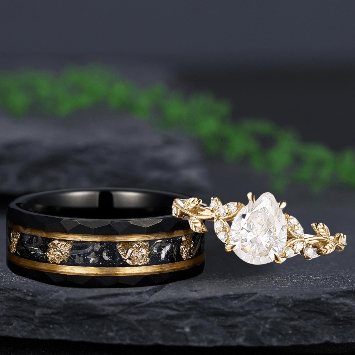 Unique Pear shaped Bridal Set Couple Ring Set His and Her Engagement matching rings - anerjuly