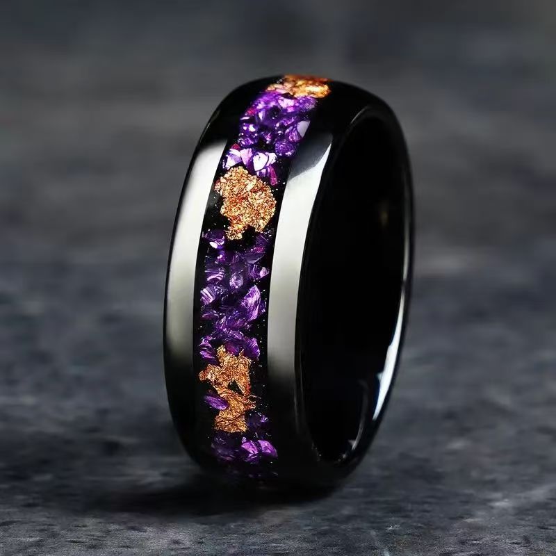 Unique Purple Amethyst inlay Men Tungsten Ring Promise Wedding Band - anerjuly