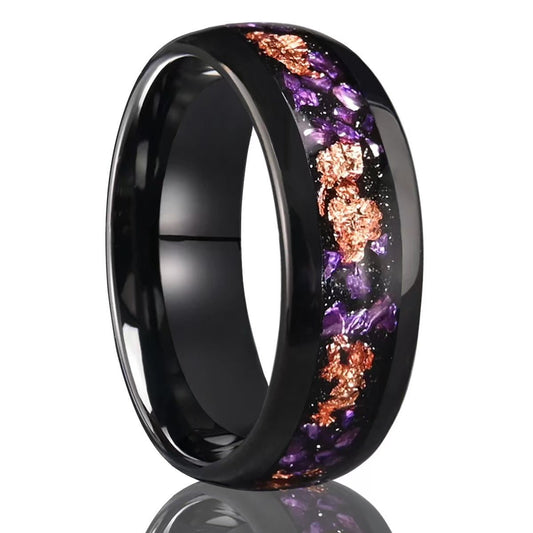Unique Purple Amethyst inlay Men Tungsten Ring Promise Wedding Band - anerjuly