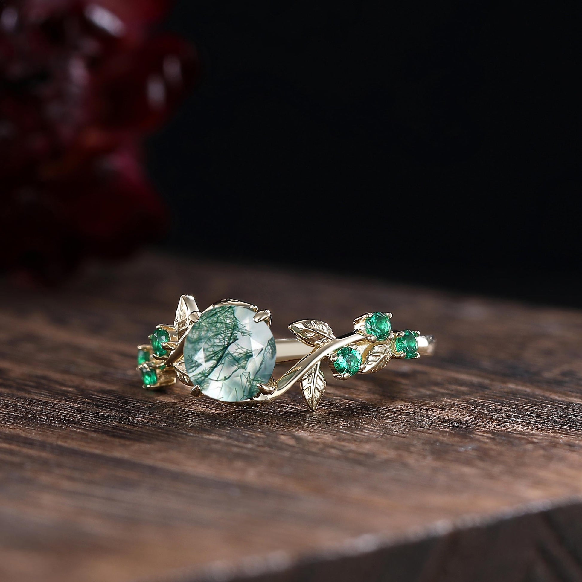 Unique Round Moss Agate Couple Ring His&Hers Matching Wedding Ring Set Men's Tungsten Band Leaf Design Bridal Promise Ring Engagement Ring - anerjuly