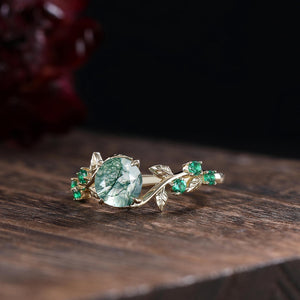 Unique Round Moss Agate Couple Ring His&Hers Matching Wedding Ring Set Men's Tungsten Band Leaf Design Bridal Promise Ring Engagement Ring - anerjuly