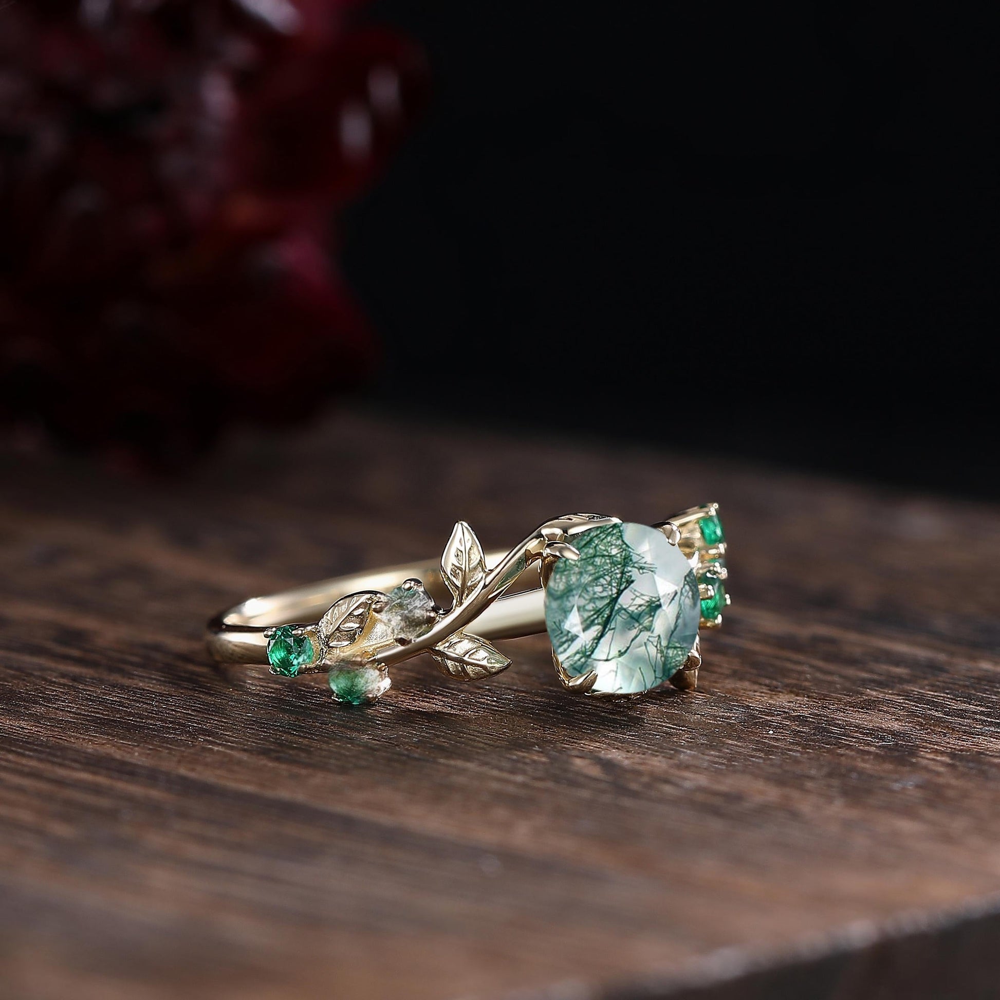 Unique Round Moss Agate Couple Ring His&Hers Matching Wedding Ring Set Men's Tungsten Band Leaf Design Bridal Promise Ring Engagement Ring - anerjuly