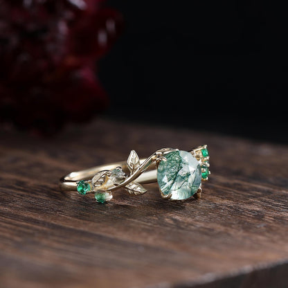 Unique Round Moss Agate Couple Ring His&Hers Matching Wedding Ring Set Men's Tungsten Band Leaf Design Bridal Promise Ring Engagement Ring - anerjuly