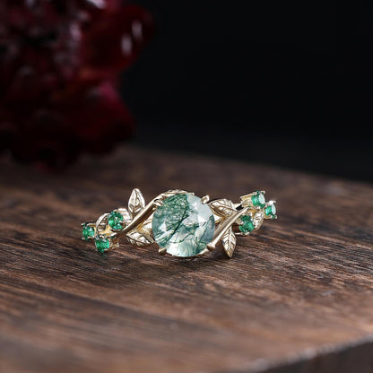 Unique Round Moss Agate Couple Ring His&Hers Matching Wedding Ring Set Men's Tungsten Band Leaf Design Bridal Promise Ring Engagement Ring - anerjuly