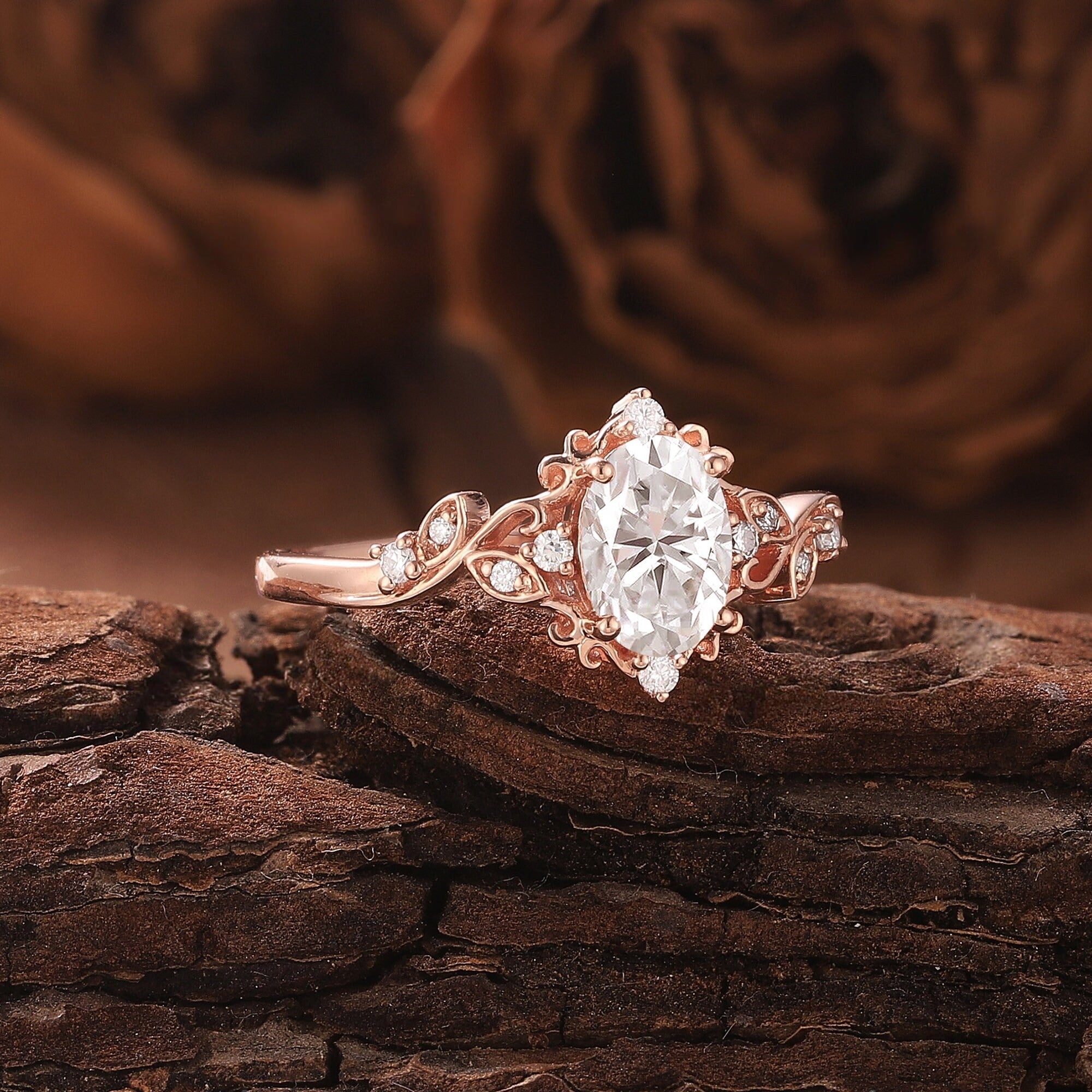 Vinatge Moissanite Engagement Ring Rose Gold Ring Inspired Leaf Ring Floral Ring - anerjuly