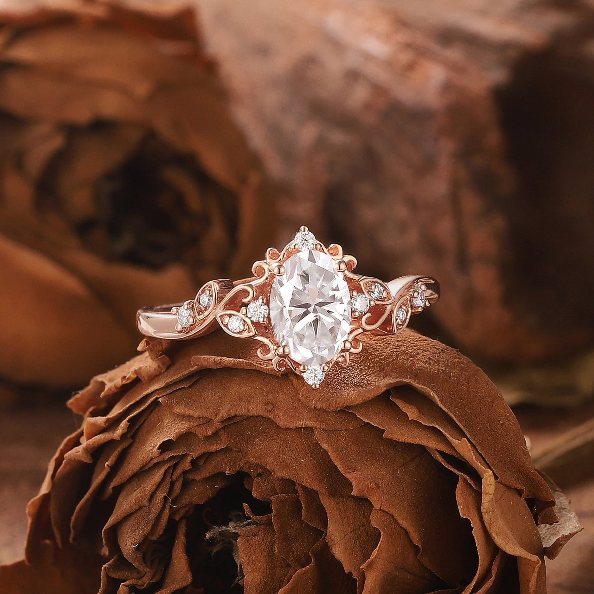 Vinatge Moissanite Engagement Ring Rose Gold Ring Inspired Leaf Ring Floral Ring - anerjuly