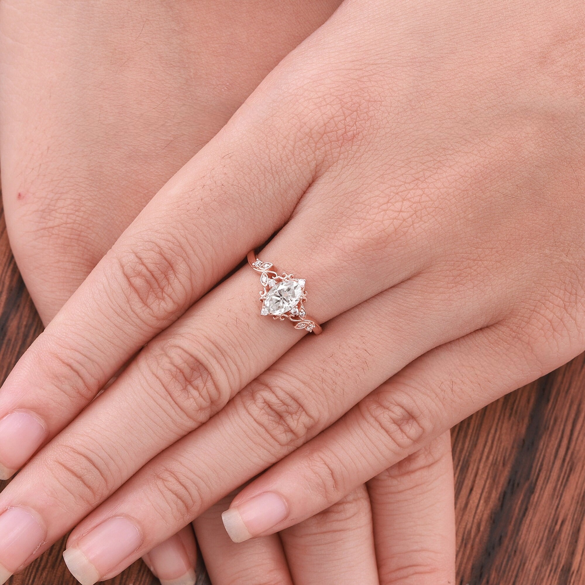 Vinatge Moissanite Engagement Ring Rose Gold Ring Inspired Leaf Ring Floral Ring - anerjuly