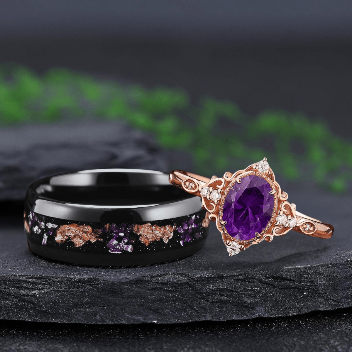 Vintage Amethyst Art Deco Couple Ring Set His and Her Wedding Band Ring matching rings - anerjuly