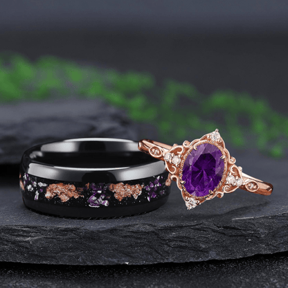 Vintage Amethyst Art Deco Couple Ring Set His and Her Wedding Band Ring matching rings - anerjuly