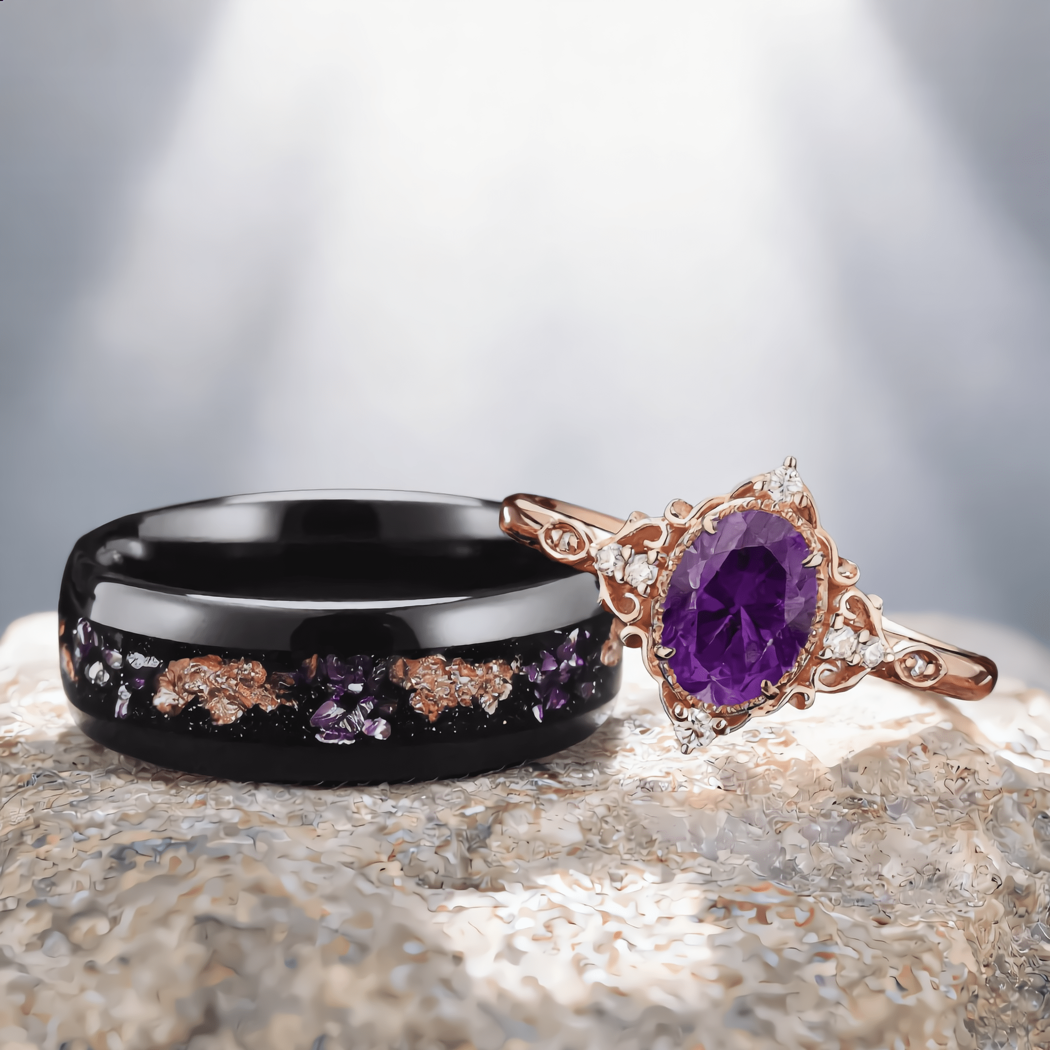 Vintage Amethyst Art Deco Couple Ring Set His and Her Wedding Band Ring matching rings - anerjuly