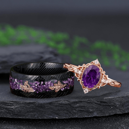 Vintage Amethyst Art Deco Couple Ring Set His and Her Wedding Band Ring matching rings - anerjuly