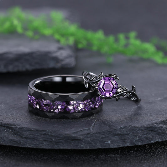 Vintage Amethyst Couple Rings Set His and Hers Matching Ring Set Nature Inspired Leaf Wedding Ring Set Amethyst Bridal Set Gifts for Her - anerjuly