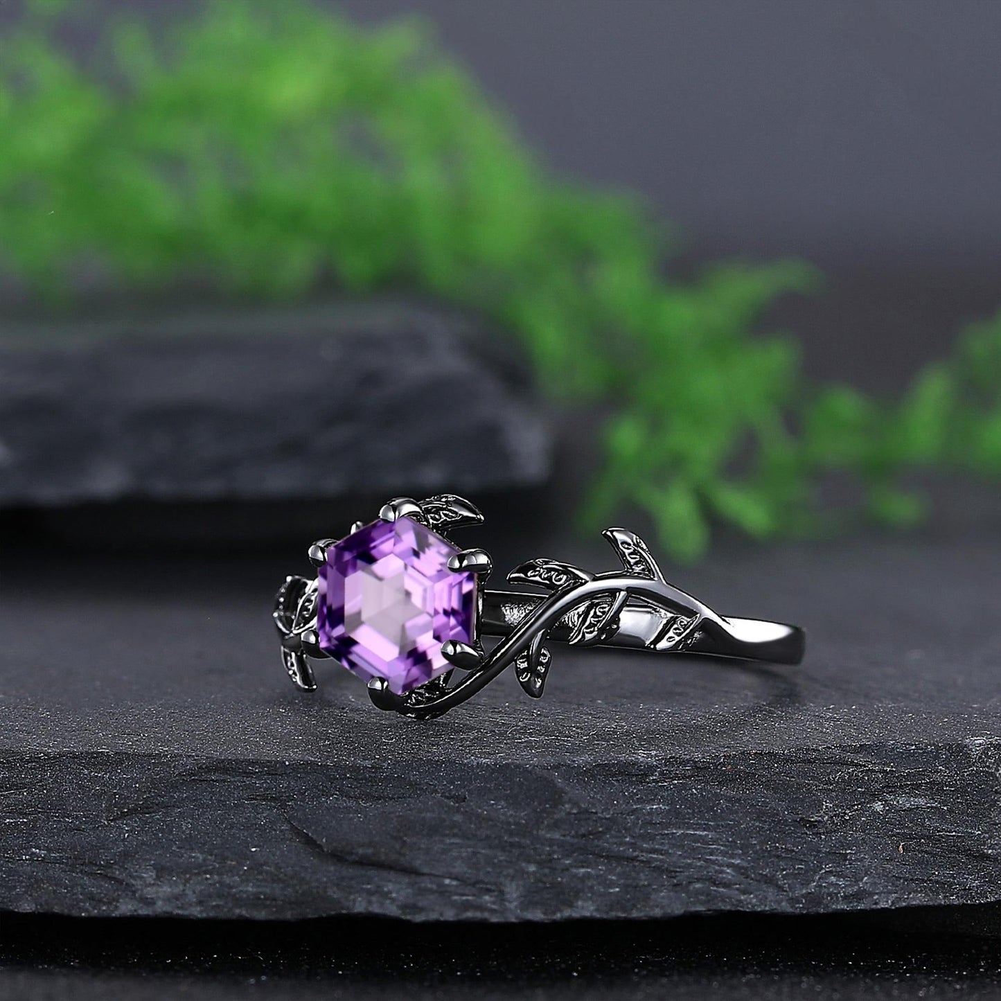Vintage Amethyst Couple Rings Set His and Hers Matching Ring Set Nature Inspired Leaf Wedding Ring Set Amethyst Bridal Set Gifts for Her - anerjuly