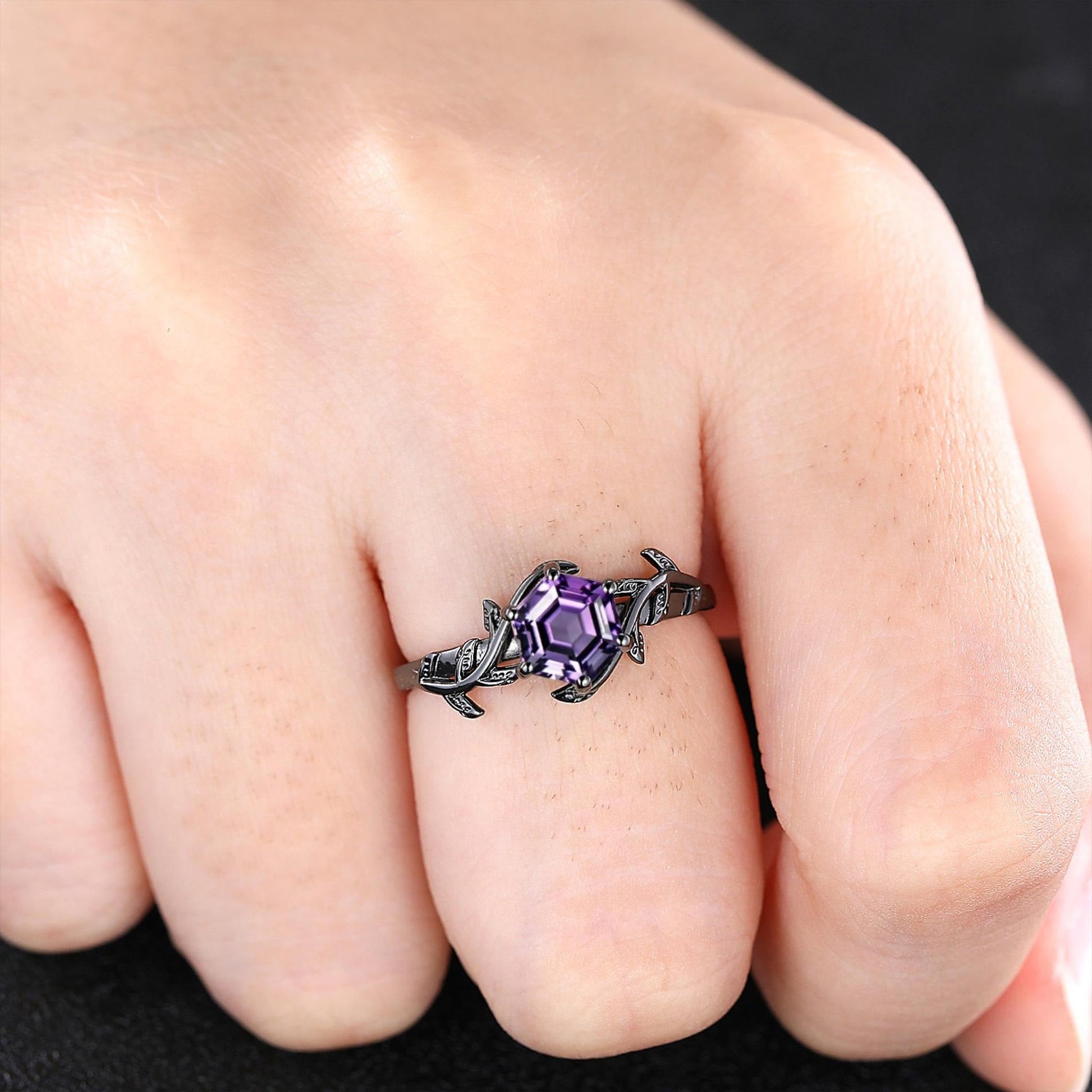 Vintage Amethyst Couple Rings Set His and Hers Matching Ring Set Nature Inspired Leaf Wedding Ring Set Amethyst Bridal Set Gifts for Her - anerjuly