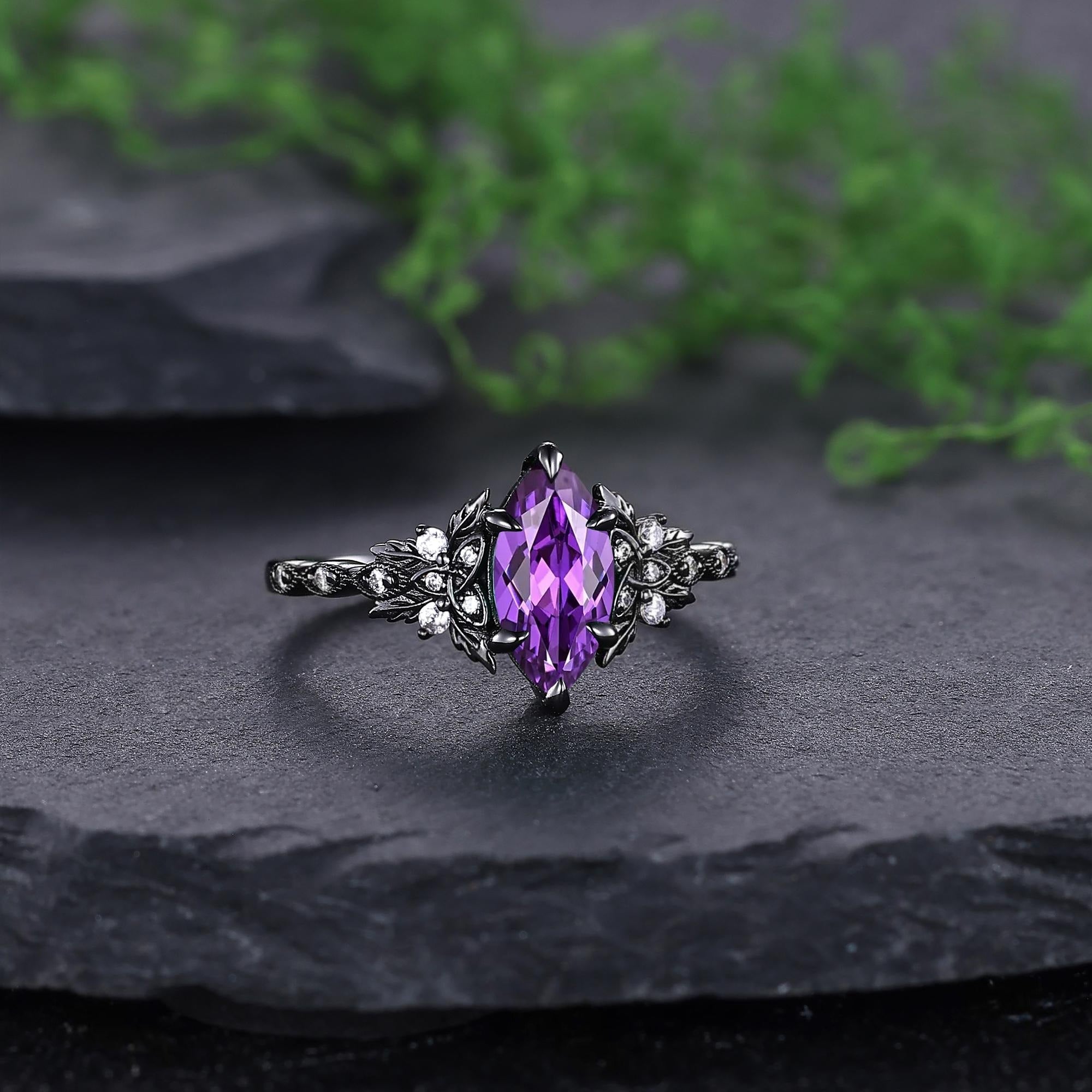 Vintage Amethyst Engagement Ring Set Leaf Floral Nature Inspired Promise Ring - anerjuly
