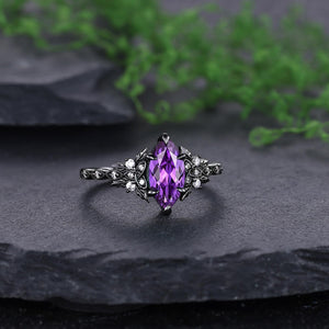 Vintage Amethyst Engagement Ring Set Leaf Floral Nature Inspired Promise Ring - anerjuly