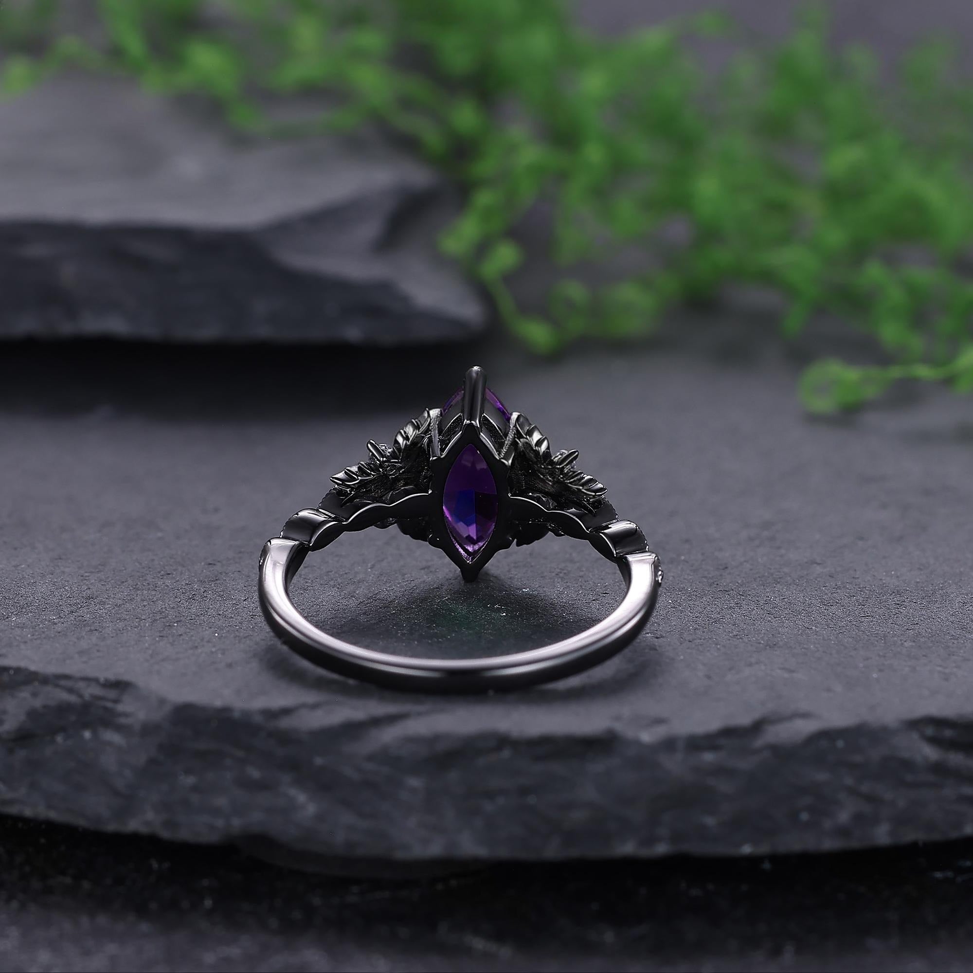 Vintage Amethyst Engagement Ring Set Leaf Floral Nature Inspired Promise Ring - anerjuly