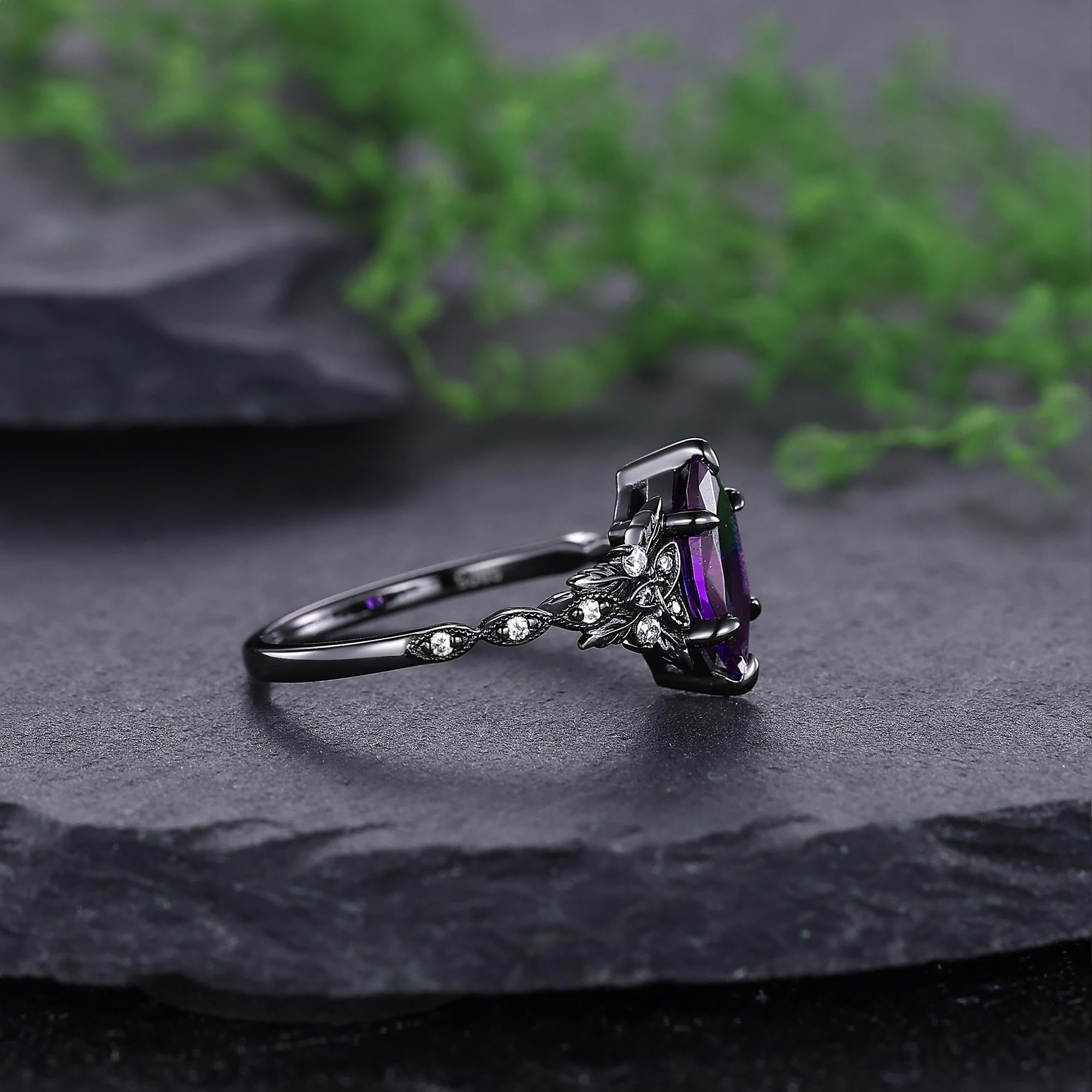 Vintage Amethyst Engagement Ring Set Leaf Floral Nature Inspired Promise Ring - anerjuly