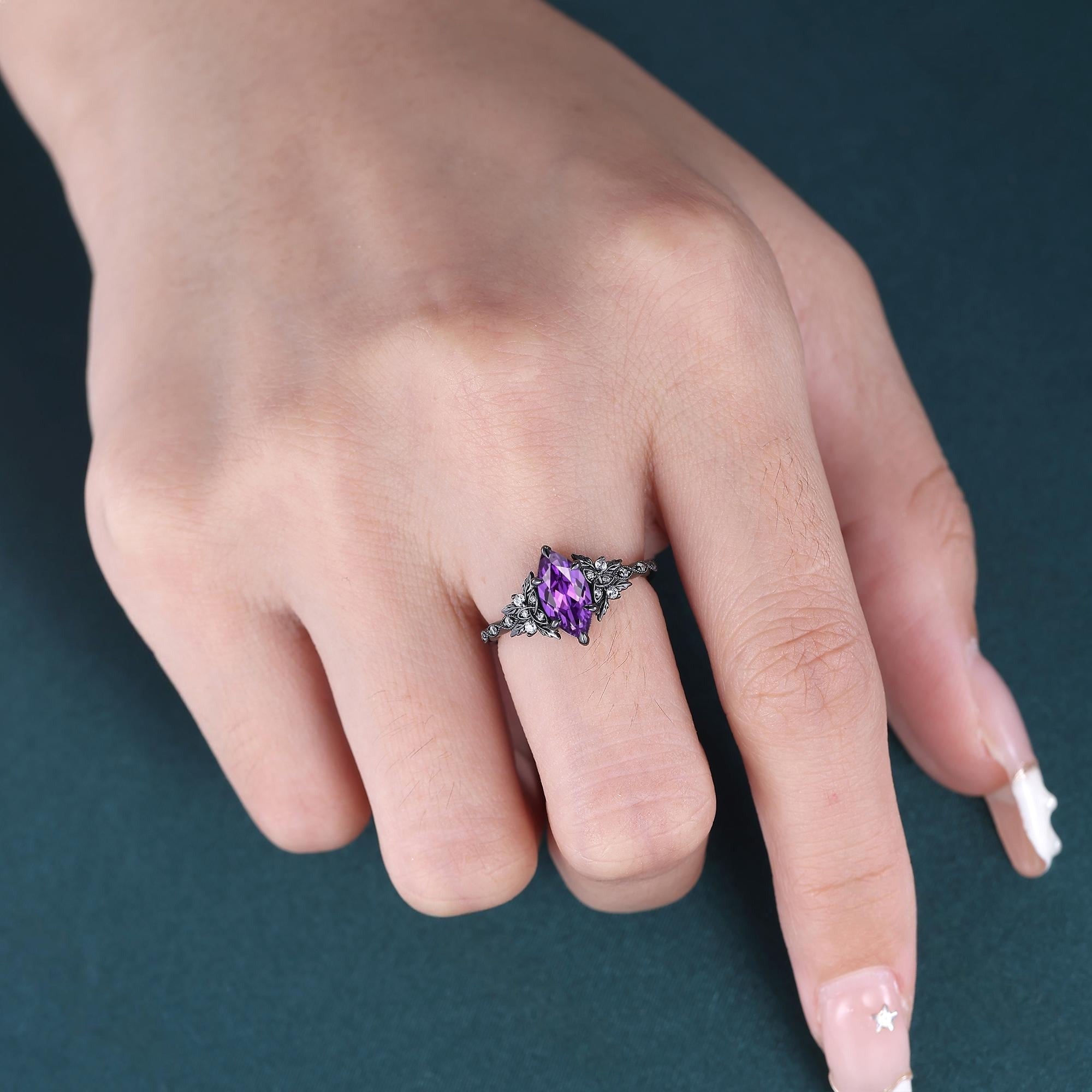 Vintage Amethyst Engagement Ring Set Leaf Floral Nature Inspired Promise Ring - anerjuly