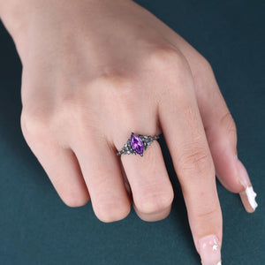 Vintage Amethyst Engagement Ring Set Leaf Floral Nature Inspired Promise Ring - anerjuly