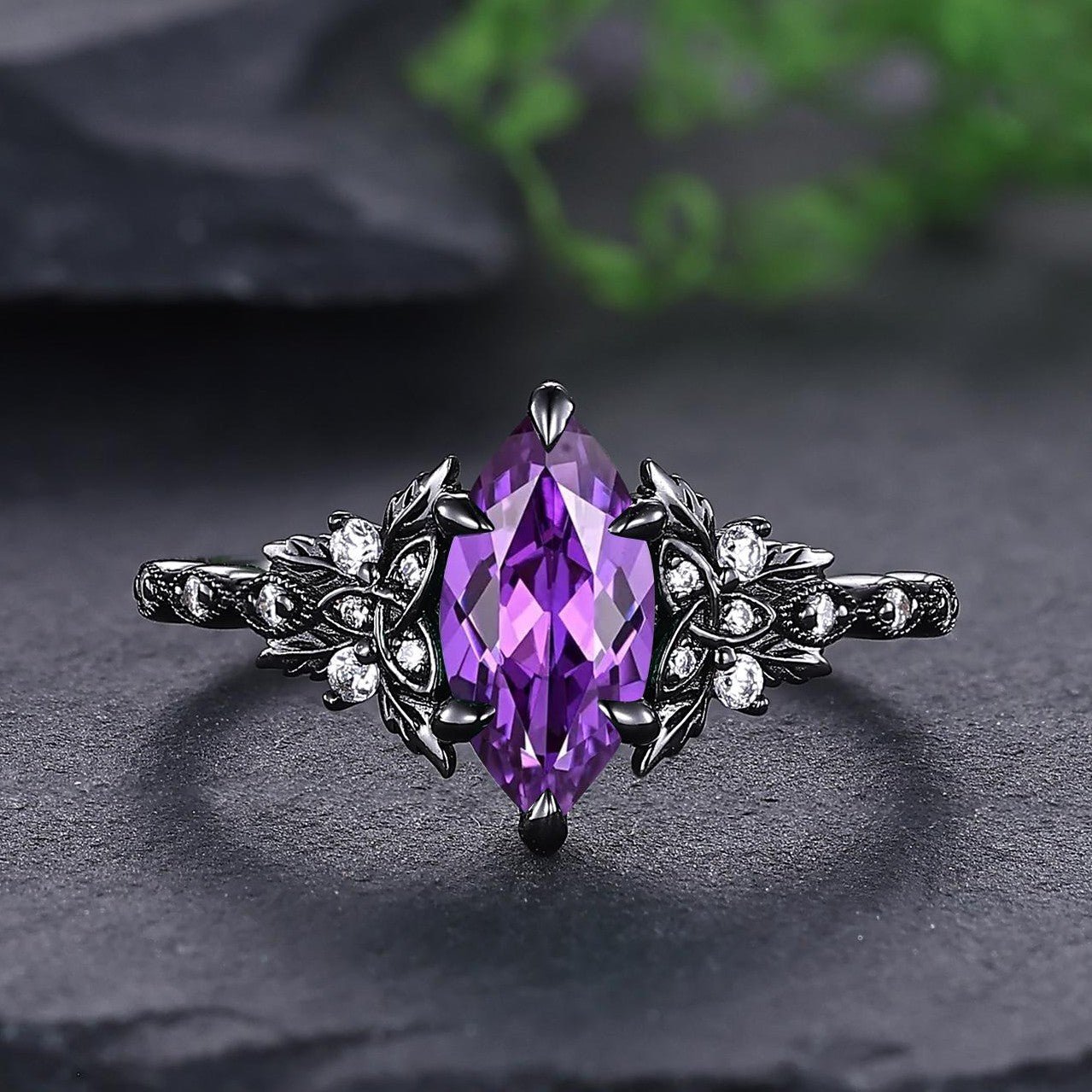 Vintage Amethyst Engagement Ring Set Leaf Floral Nature Inspired Promise Ring - anerjuly