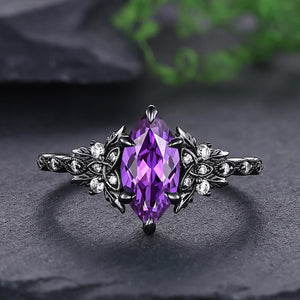 Vintage Amethyst Engagement Ring Set Leaf Floral Nature Inspired Promise Ring - anerjuly