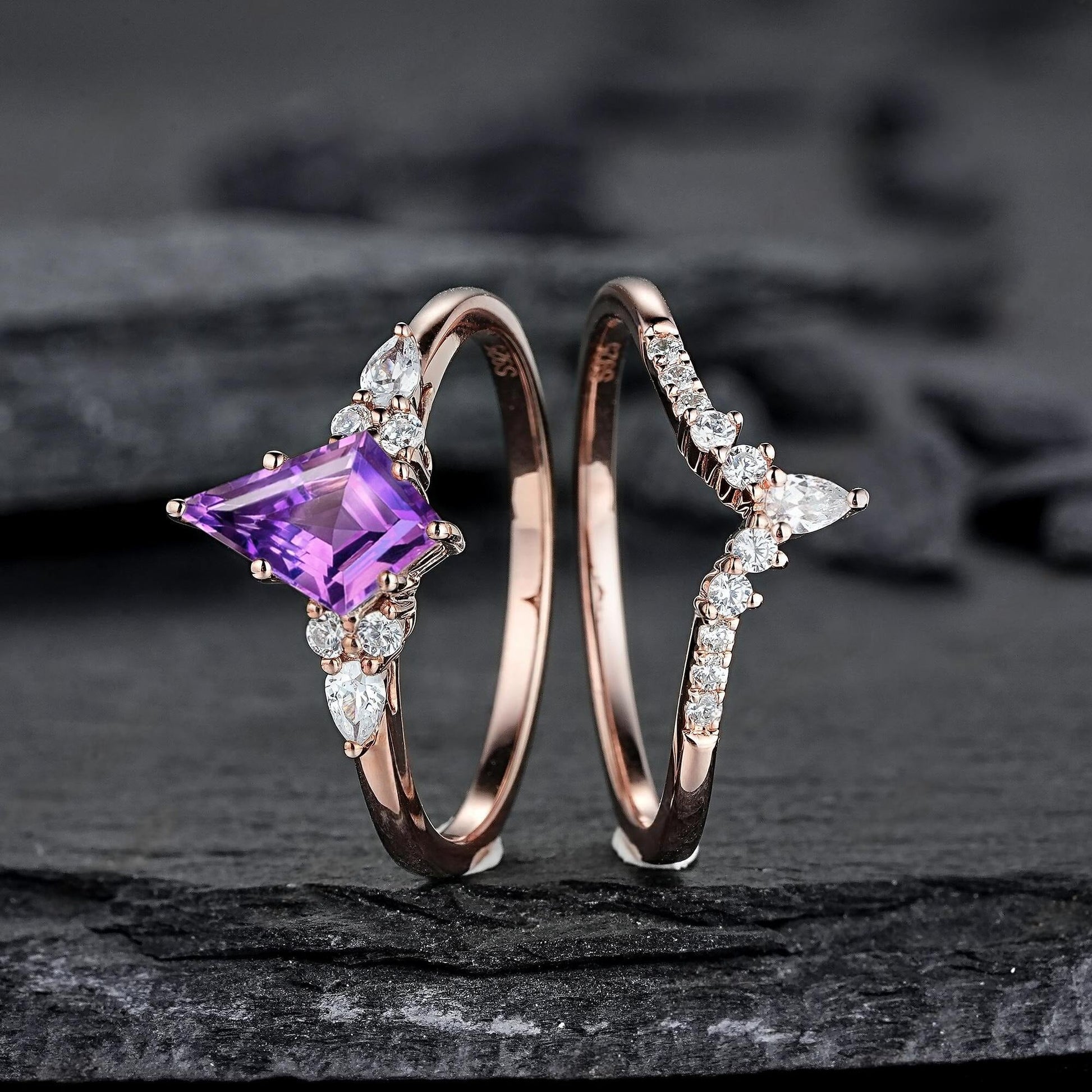 Vintage Amethyst Engagement Ring Set Leaf Floral Nature Inspired Purple Gemstone Promise Ring - anerjuly