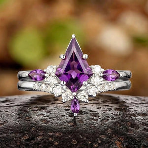Vintage Amethyst Engagement Ring Set Leaf Floral Nature Inspired Purple Gemstone Promise Ring - anerjuly