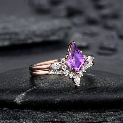 Vintage Amethyst Engagement Ring Set Leaf Floral Nature Inspired Purple Gemstone Promise Ring - anerjuly