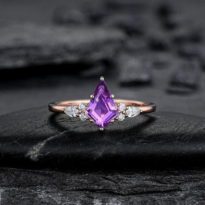 Vintage Amethyst Engagement Ring Set Leaf Floral Nature Inspired Purple Gemstone Promise Ring - anerjuly