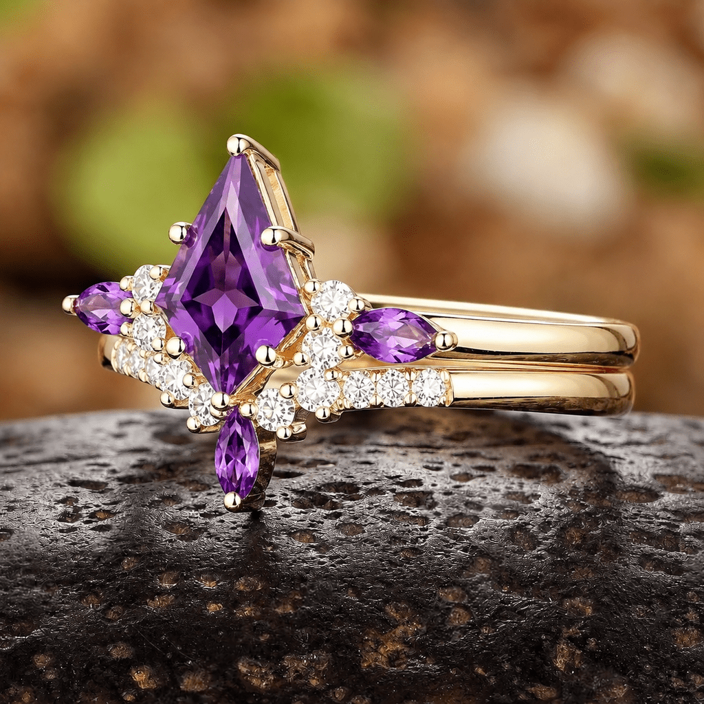 Vintage Amethyst Engagement Ring Set Leaf Floral Nature Inspired Purple Gemstone Promise Ring - anerjuly