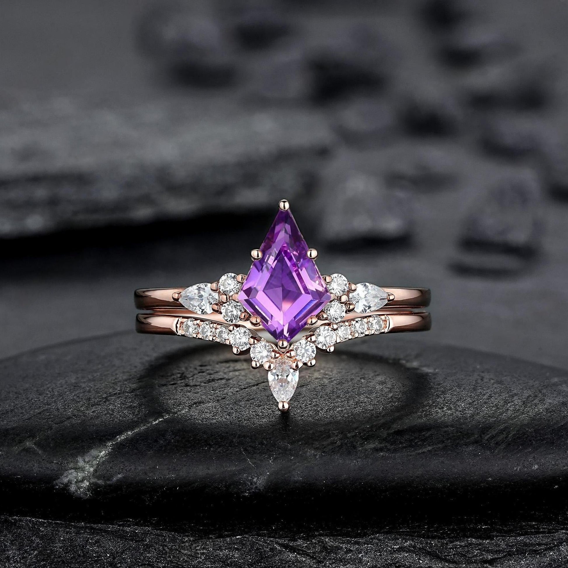 Vintage Amethyst Engagement Ring Set Leaf Floral Nature Inspired Purple Gemstone Promise Ring - anerjuly