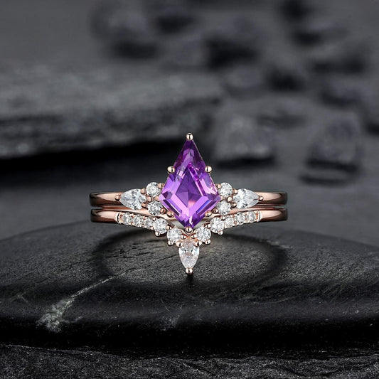 Vintage Amethyst Engagement Ring Set Leaf Floral Nature Inspired Purple Gemstone Promise Ring - anerjuly
