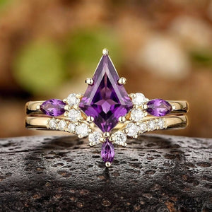 Vintage Amethyst Engagement Ring Set Leaf Floral Nature Inspired Purple Gemstone Promise Ring - anerjuly