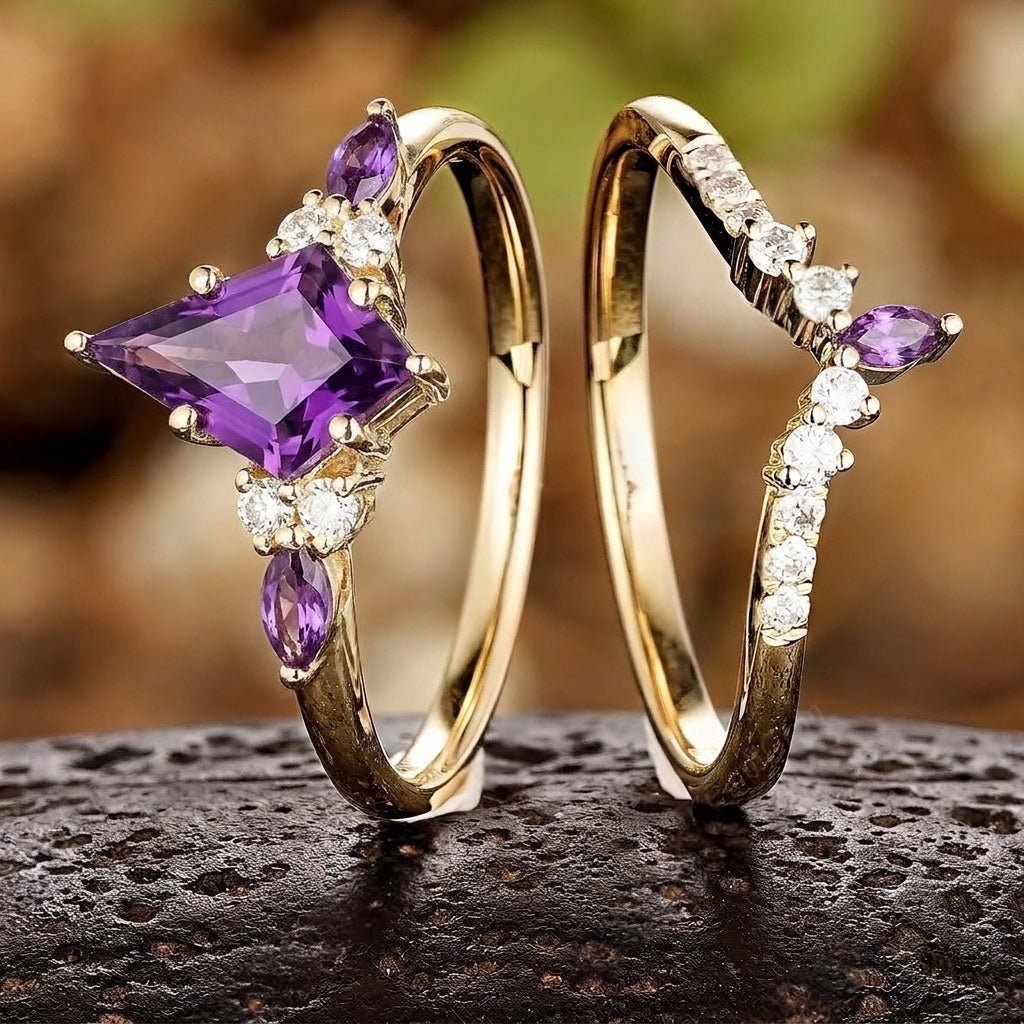 Vintage Amethyst Engagement Ring Set Leaf Floral Nature Inspired Purple Gemstone Promise Ring - anerjuly
