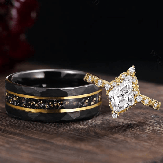 Vintage Art Deco Couple Ring Set His and Her Wedding Band Engagement Ring matching rings - anerjuly