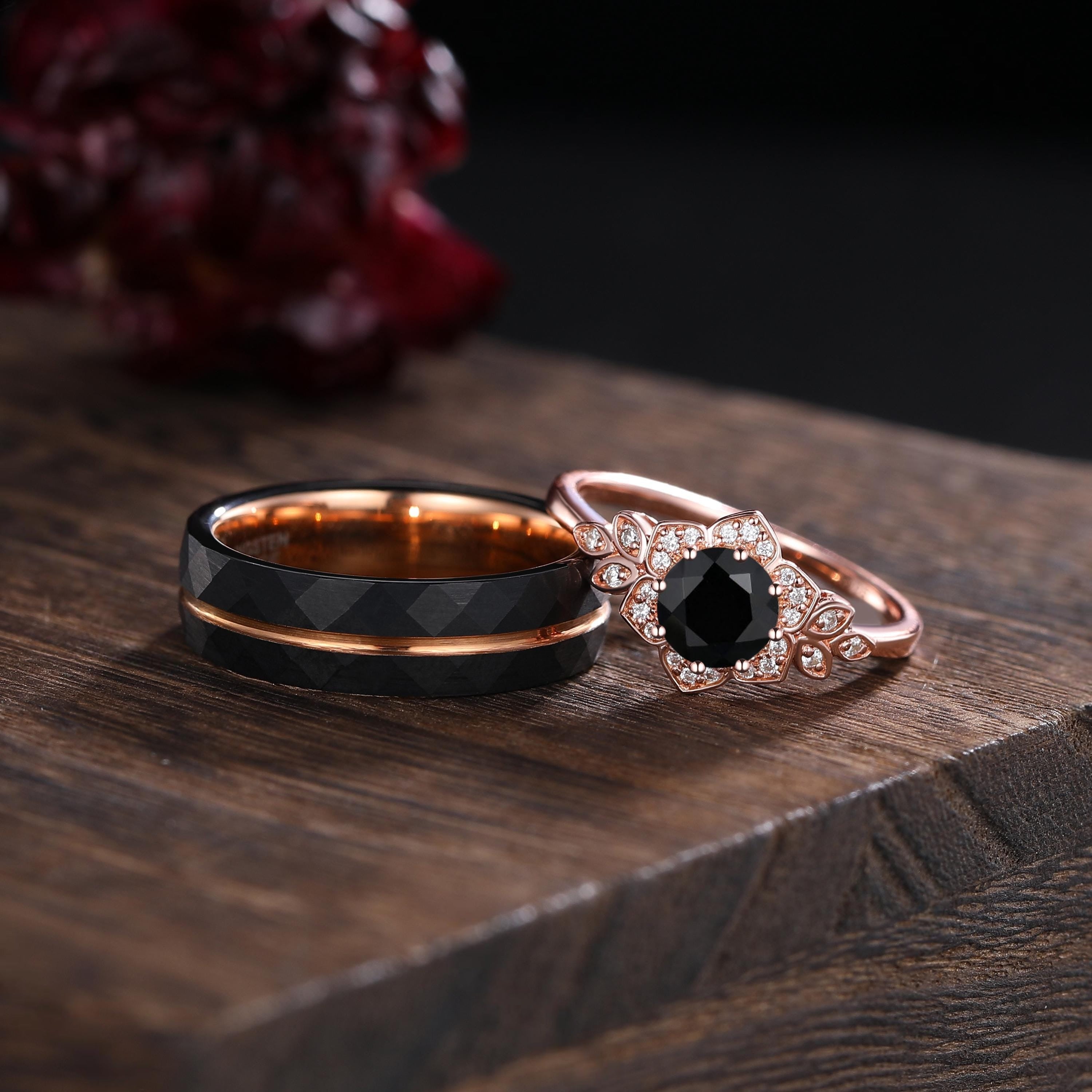 Vintage Black Onyx Couple Ring His&Her Matching Wedding Band Black Onyx Engagement Ring Black Onyx and Men's Tungsten Ring Bridal Ring Set - anerjuly