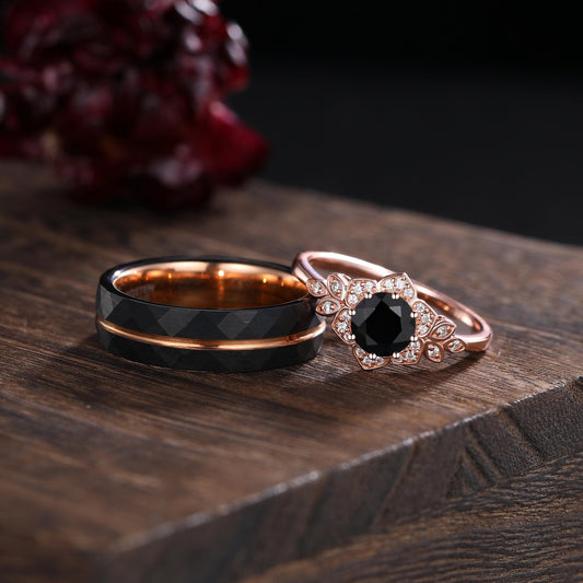 Vintage Black Onyx Couple Ring His&Her Matching Wedding Band Black Onyx Engagement Ring Black Onyx and Men's Tungsten Ring Bridal Ring Set - anerjuly
