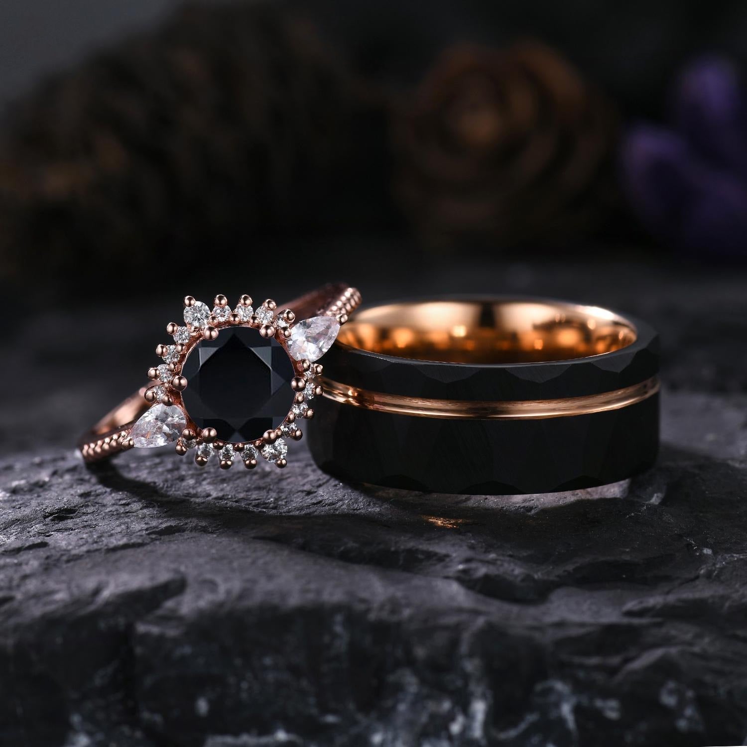 Vintage Black Onyx Couple Ring Set Rose Gold Black Tungsten Wedding Band for His and Her Promise Ring - anerjuly