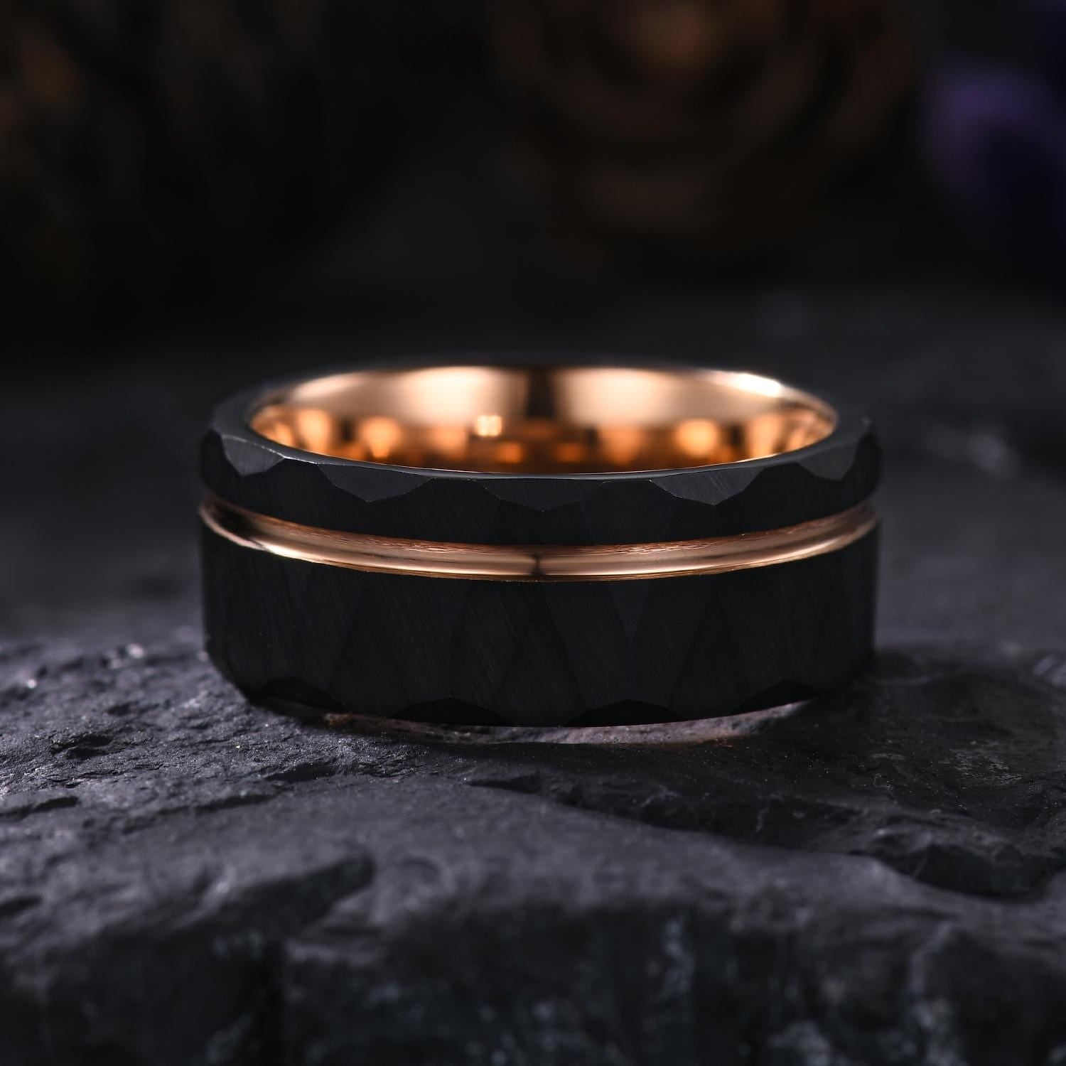 Vintage Black Onyx Couple Ring Set Rose Gold Black Tungsten Wedding Band for His and Her Promise Ring - anerjuly