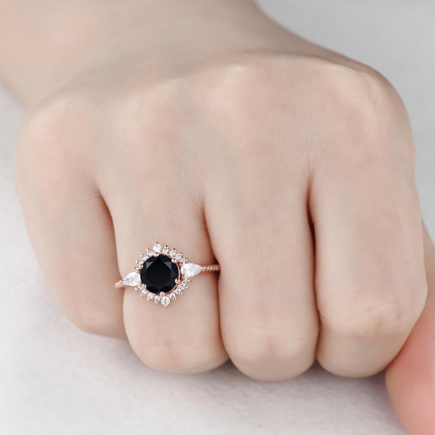 Vintage Black Onyx Couple Ring Set Rose Gold Black Tungsten Wedding Band for His and Her Promise Ring - anerjuly