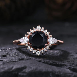 Vintage Black Onyx Couple Ring Set Rose Gold Black Tungsten Wedding Band for His and Her Promise Ring - anerjuly
